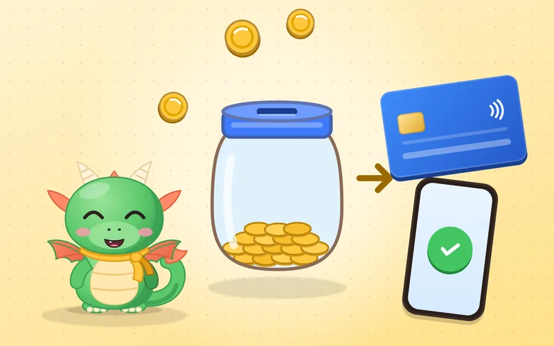 Illustration: Ein Drachen-Partner aus Earnwick winkt neben einem gläsernen Sparglas voller Münzen und einer Bankkarte.